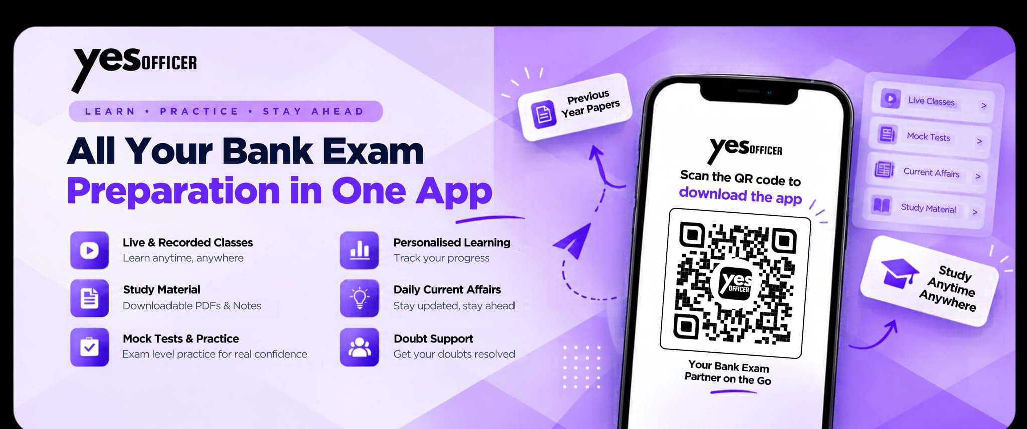All your bank exam preparation in one app - scan the QR code to download the Yes Officer app